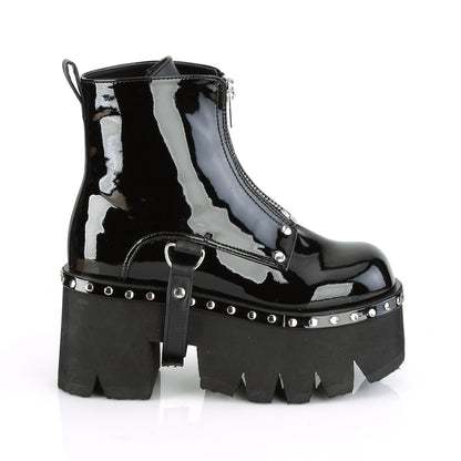 ASHES-100 3 1/2" Chunky Heel, 2 1/4" Cut Out PF Ankle Boot, FrontZip