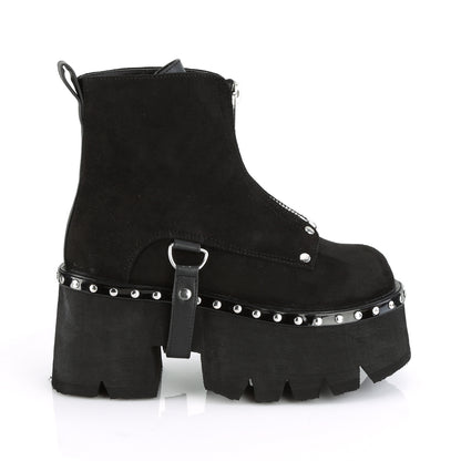 ASHES-100 3 1/2" Chunky Heel, 2 1/4" Cut Out PF Ankle Boot, FrontZip