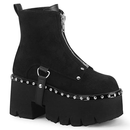 ASHES-100 3 1/2" Chunky Heel, 2 1/4" Cut Out PF Ankle Boot, FrontZip