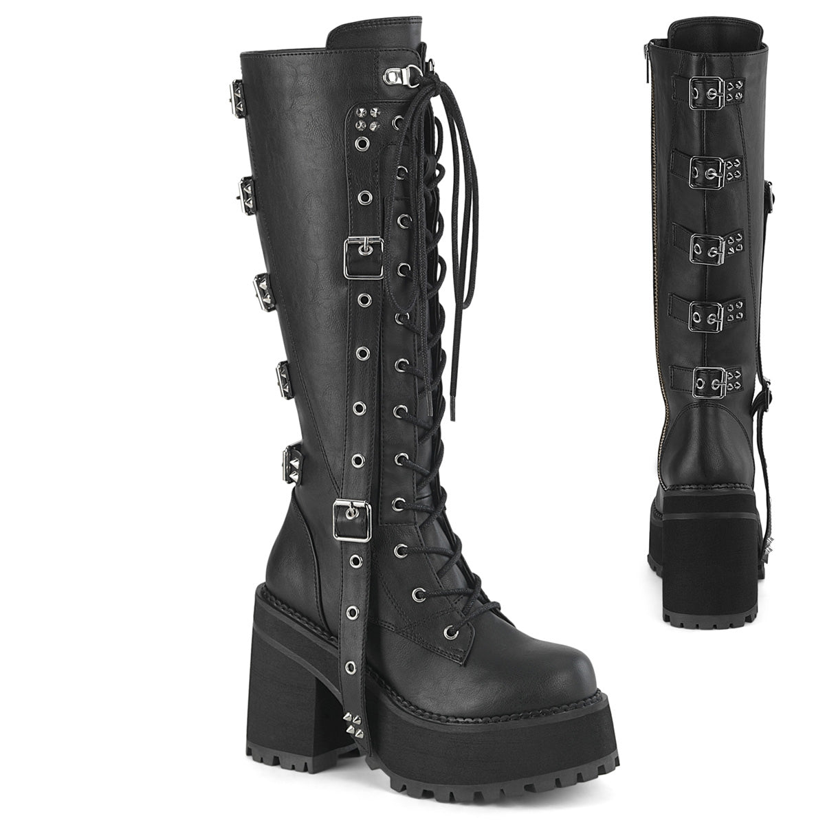 ASSAULT-218 4 3/4" Heel, 2 1/4" PF Lace-Up Knee High Boot, Inside Zip