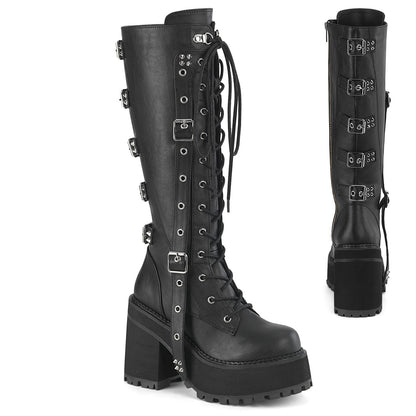 ASSAULT-218 4 3/4" Heel, 2 1/4" PF Lace-Up Knee High Boot, Inside Zip