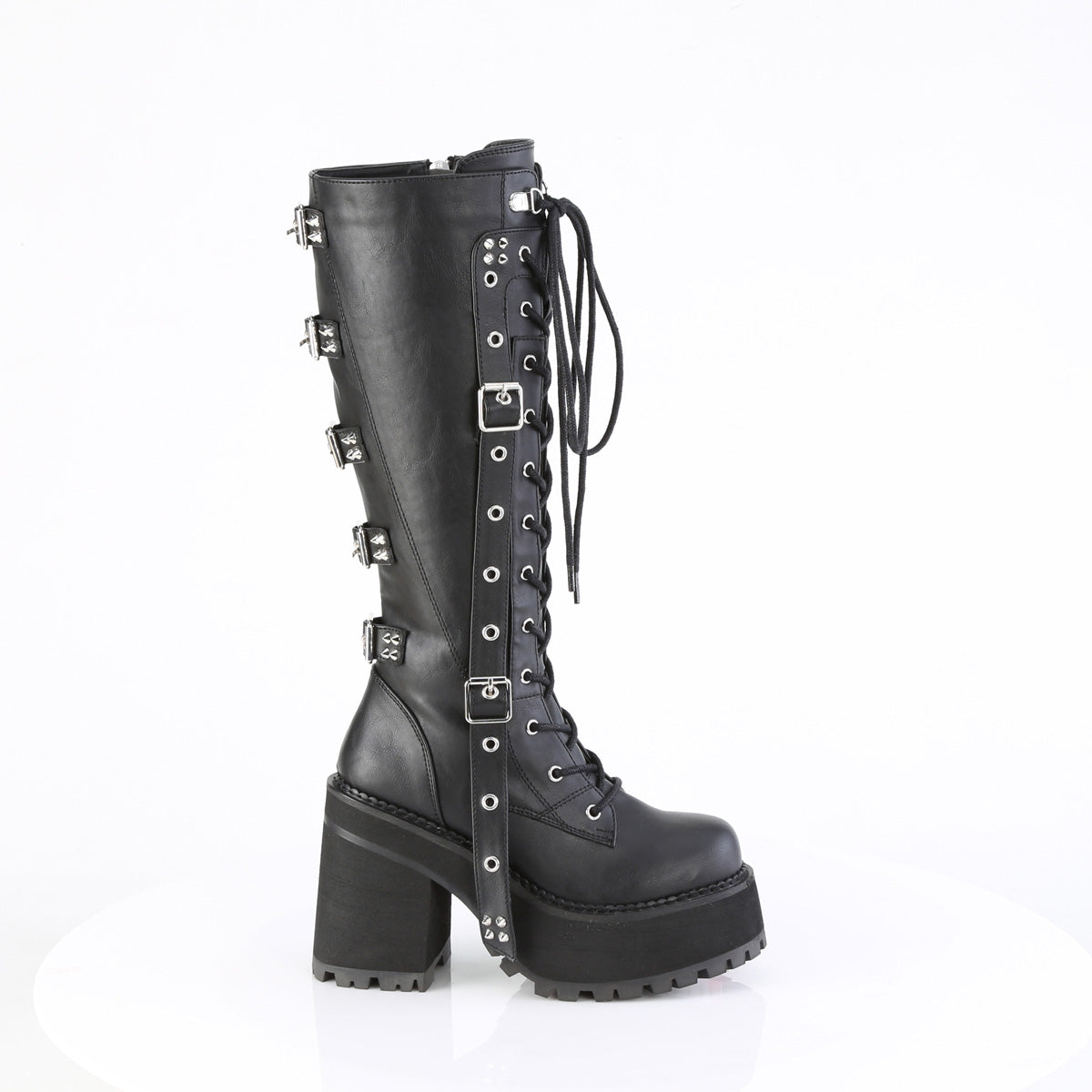 ASSAULT-218 4 3/4" Heel, 2 1/4" PF Lace-Up Knee High Boot, Inside Zip