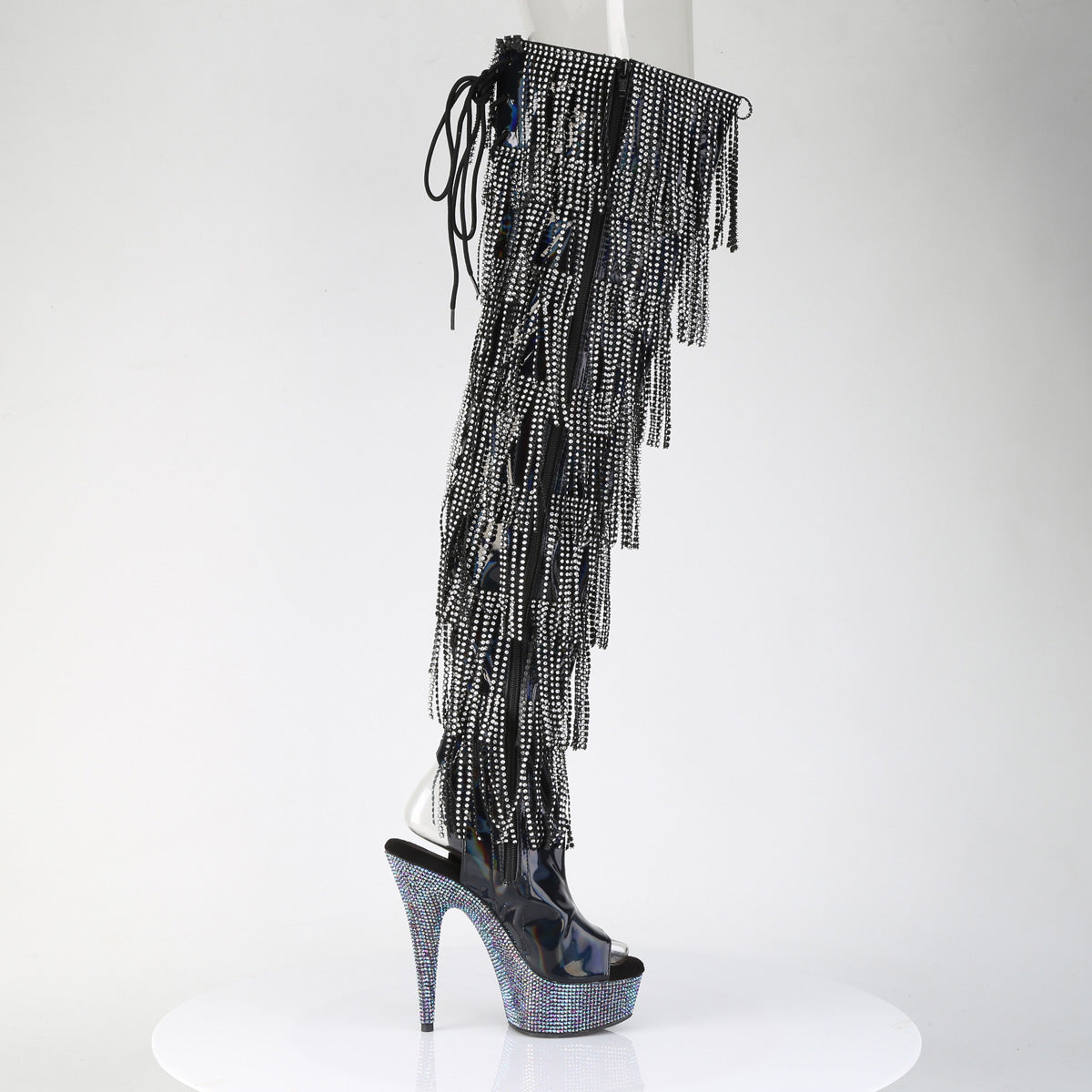 BEJEWELED-3017HG-RSF 6" Heel, 1 3/4" PF 7-Layer Fringe Lace-Up Thigh Boot w/RS