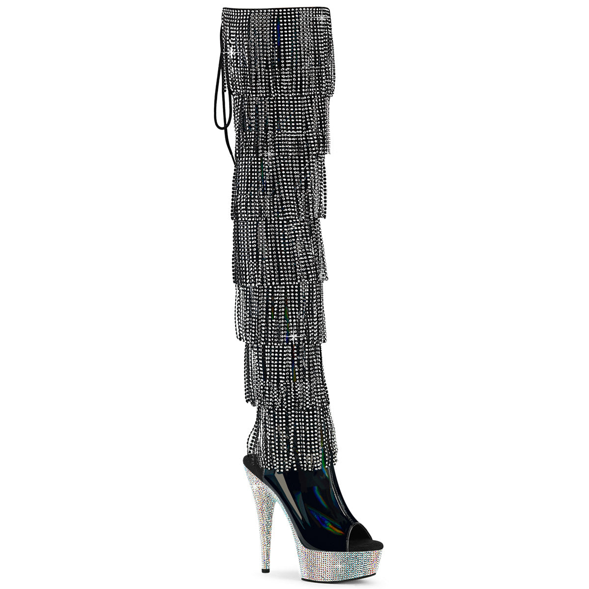 BEJEWELED-3017HG-RSF 6" Heel, 1 3/4" PF 7-Layer Fringe Lace-Up Thigh Boot w/RS