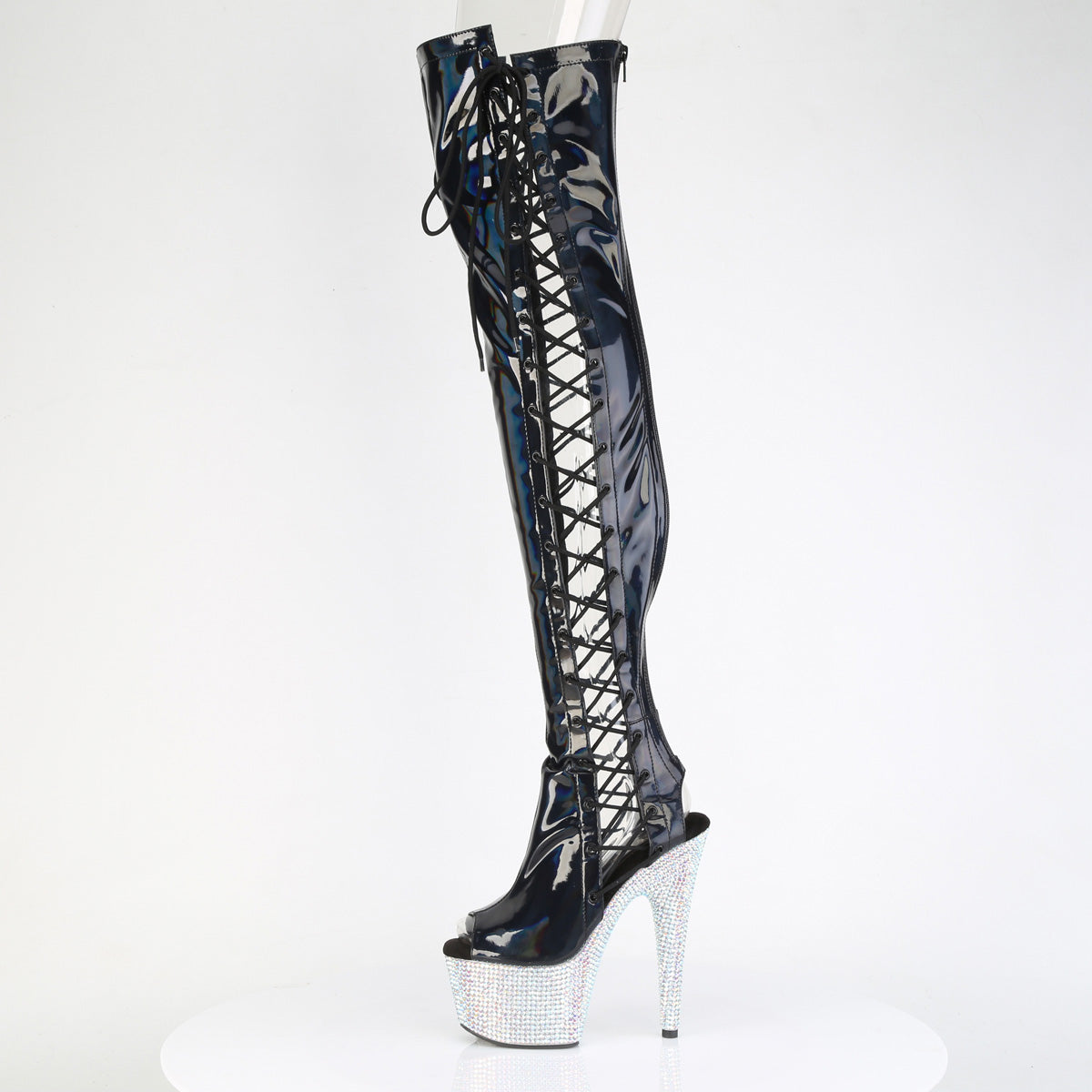 BEJEWELED-3052HG-7 7" Heel, 2 3/4" PF Open Toe/Back Side Lace Thigh Boot w/RS
