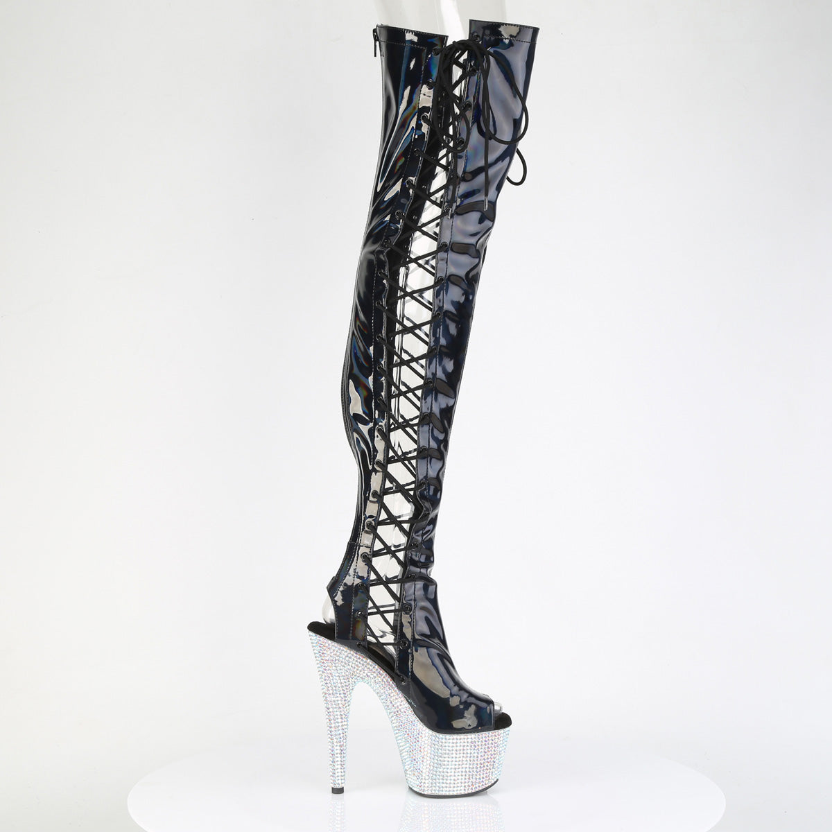 BEJEWELED-3052HG-7 7" Heel, 2 3/4" PF Open Toe/Back Side Lace Thigh Boot w/RS