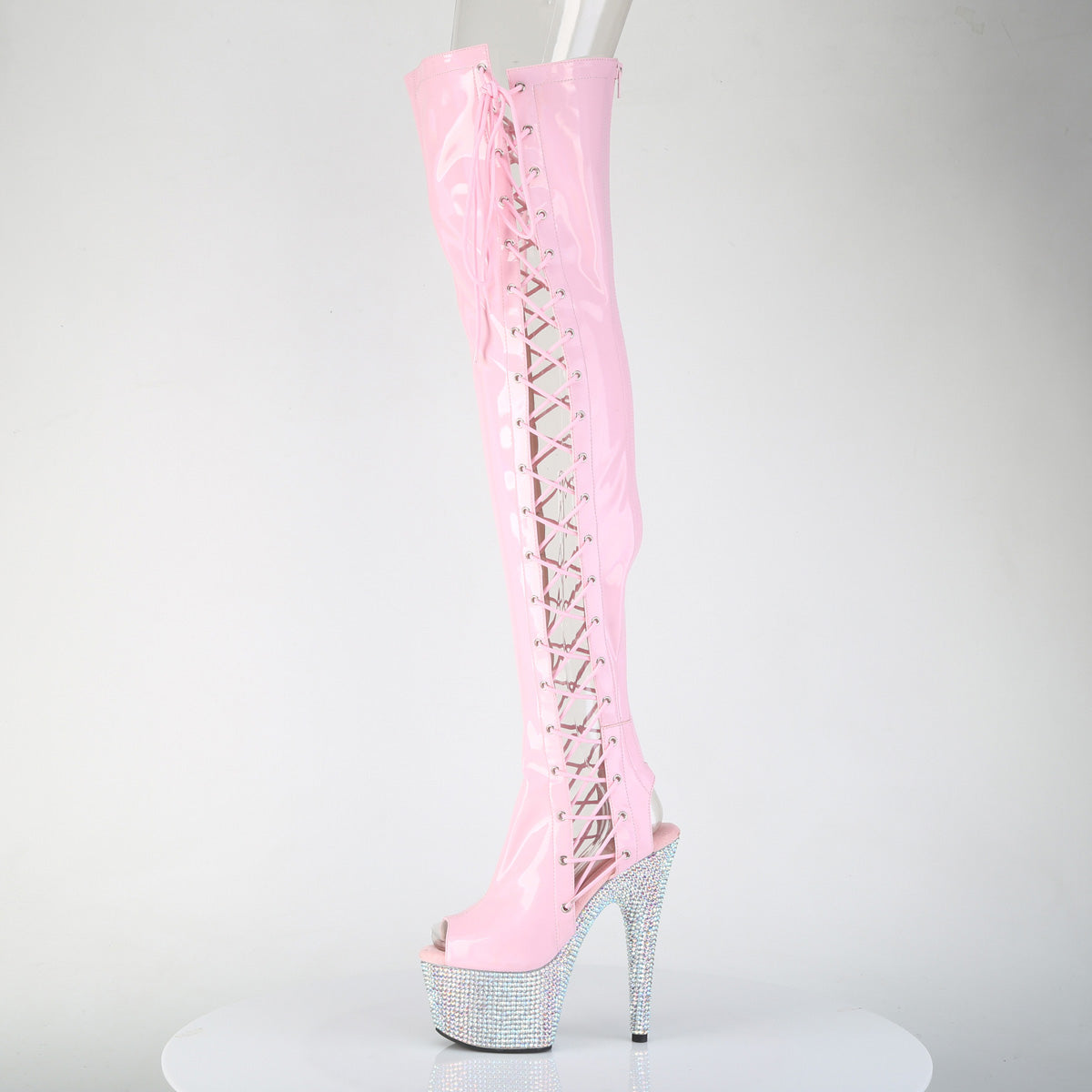 BEJEWELED-3052HG-7 *7" Heel, 2 3/4" PF Open Toe/Back Side Lace Thigh Boot w/RS