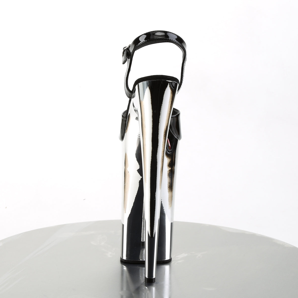 BEYOND-009 10" Heel, 6 1/4" Silver Chrome PF Ankle Strap Sandal