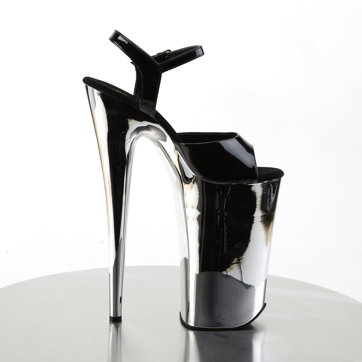 BEYOND-009 10" Heel, 6 1/4" Silver Chrome PF Ankle Strap Sandal