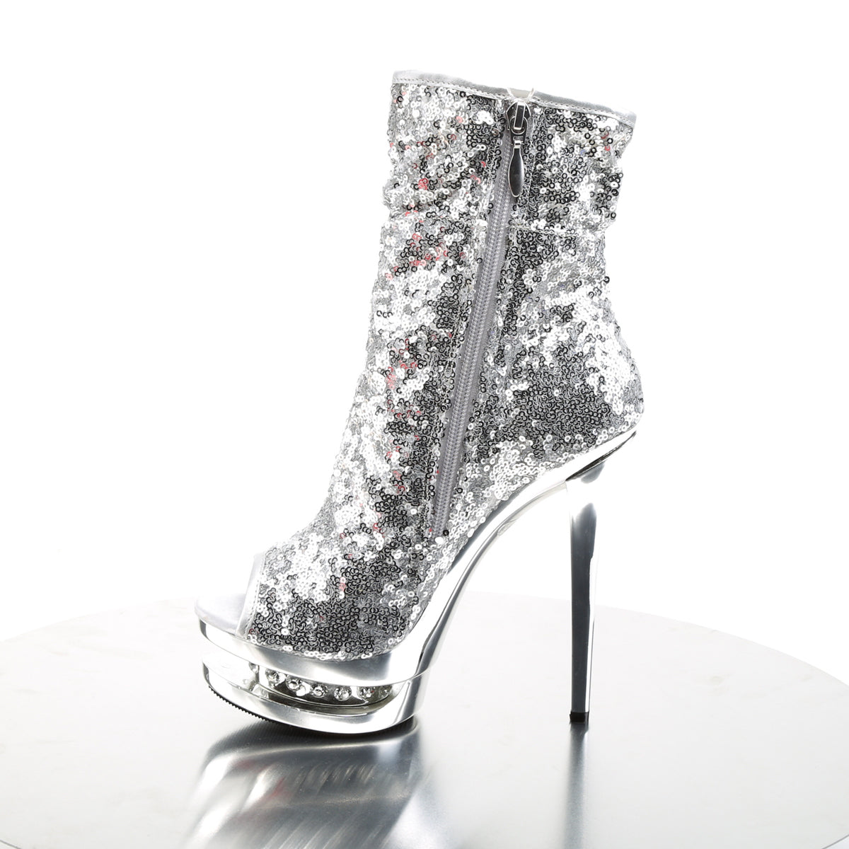 BLONDIE-R-1008 *6" Heel, 1 1/2" PF Sequined Open Toe Ankle Boot, Side Zip