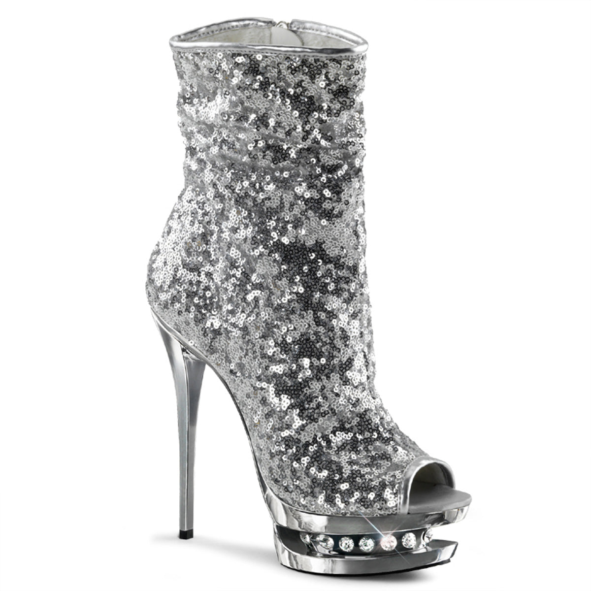 BLONDIE-R-1008 *6" Heel, 1 1/2" PF Sequined Open Toe Ankle Boot, Side Zip