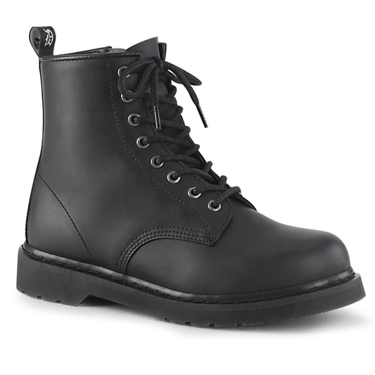BOLT-100 1 1/4" Heel 8-Eyelet Mid Calf Unisex Vegan Boot, Side Zip