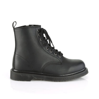 BOLT-100 1 1/4" Heel 8-Eyelet Mid Calf Unisex Vegan Boot, Side Zip