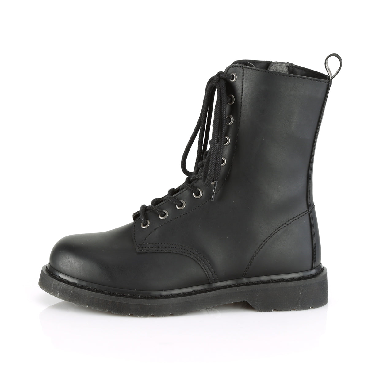 BOLT-200 1 1/4" Heel 10-Eyelet Mid Calf Unisex Vegan Boot, Side Zip