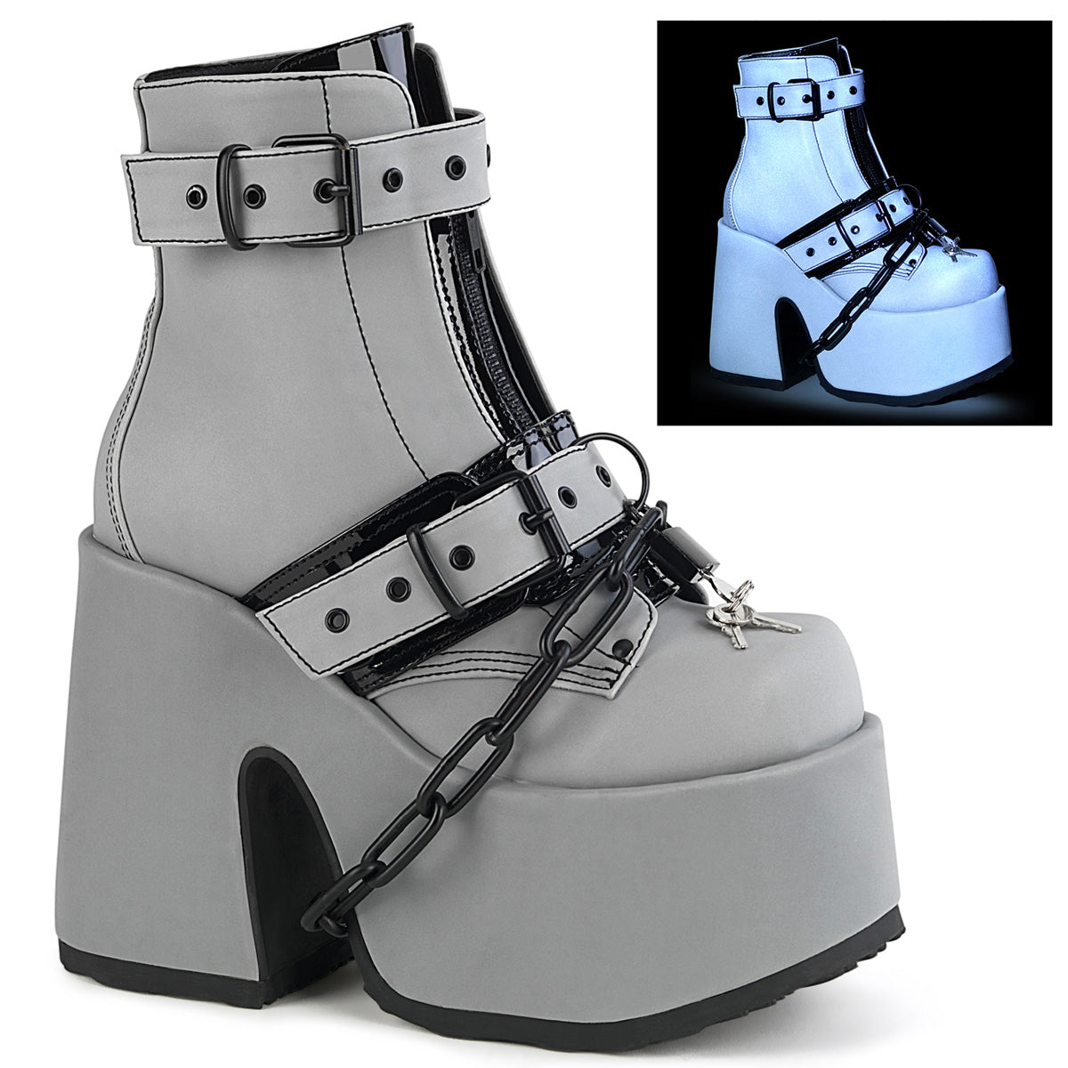CAMEL-205 5" Chunky Heel, 3" P/F Lace-Up Ankle Boot, Front Metal Zip