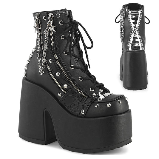 CAMEL-208 5" Chunky Heel, 3" P/F Lace-Up Ankle Boot, Outside Zip