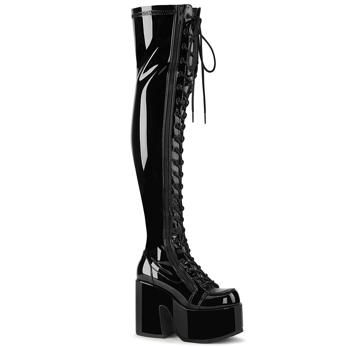 CAMEL-300 5" ChunkyHeel, 3" PF Thigh-High Lace-UpBoot,OutsideZip