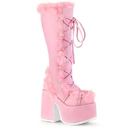 CAMEL-311 5" Chunky Heel, 3" P/F Lace-Up Knee High Boot, Side Zip