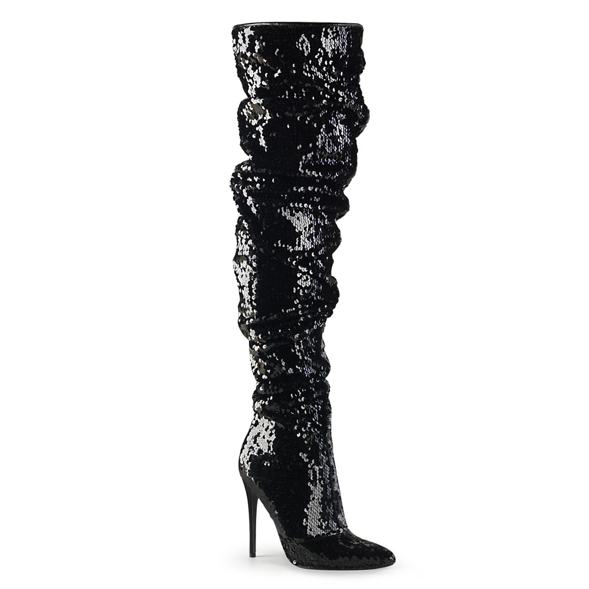 COURTLY-3011 5" Ruched Sequined Thigh High Boot, 1/3 Side Zip