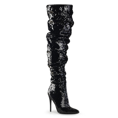 COURTLY-3011 5" Ruched Sequined Thigh High Boot, 1/3 Side Zip