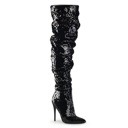 COURTLY-3011 5" Ruched Sequined Thigh High Boot, 1/3 Side Zip