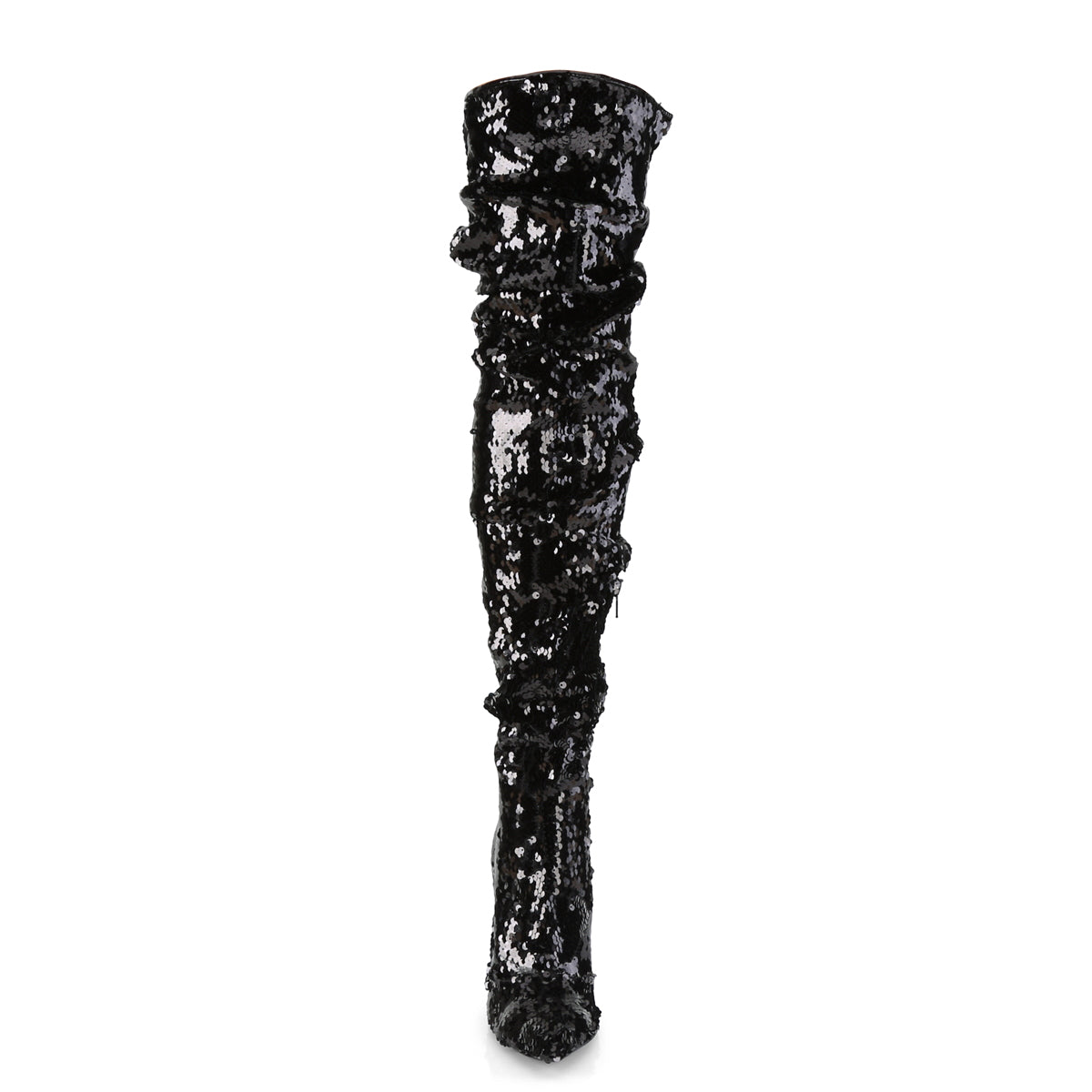 COURTLY-3011 5" Ruched Sequined Thigh High Boot, 1/3 Side Zip