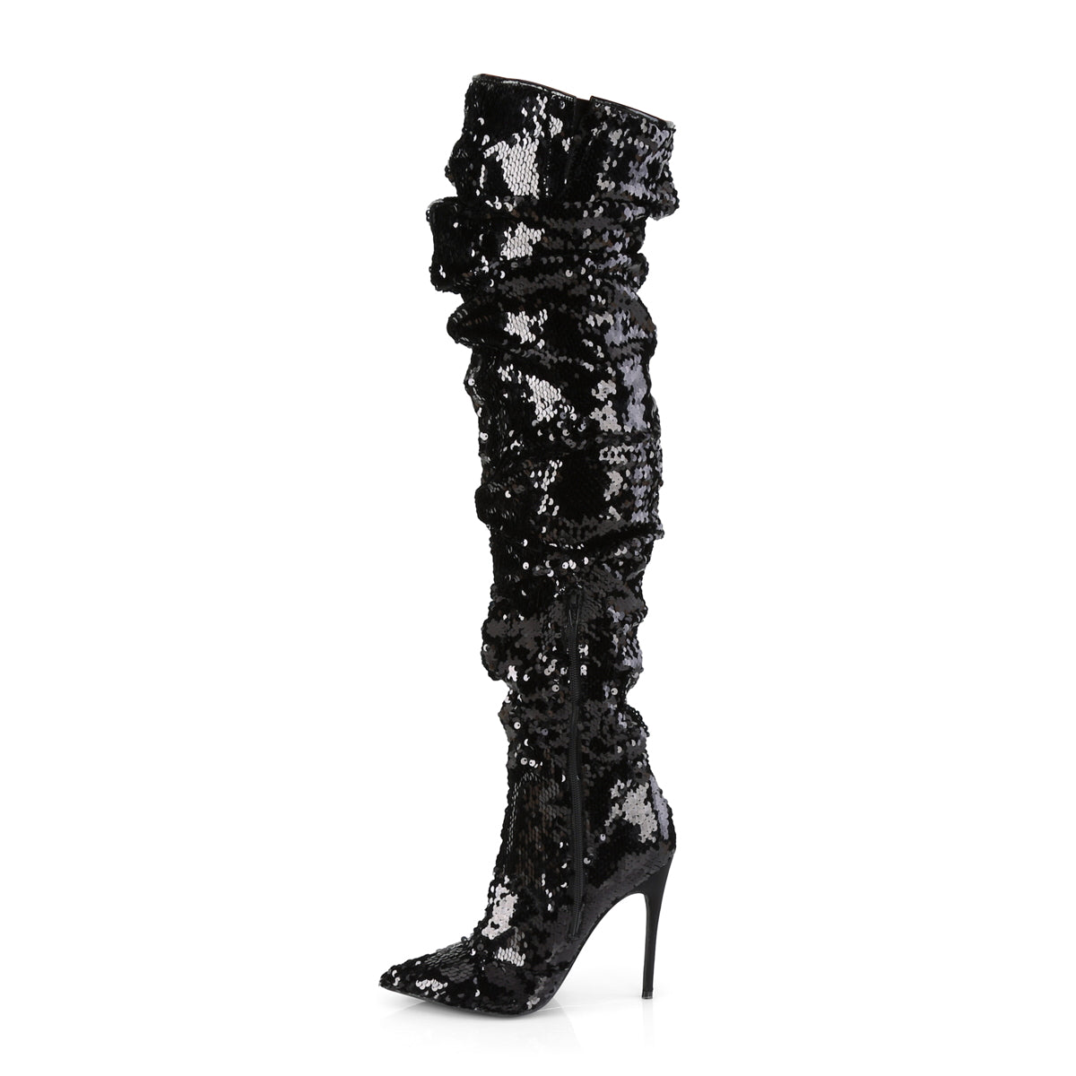 COURTLY-3011 5" Ruched Sequined Thigh High Boot, 1/3 Side Zip