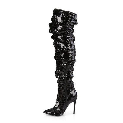 COURTLY-3011 5" Ruched Sequined Thigh High Boot, 1/3 Side Zip