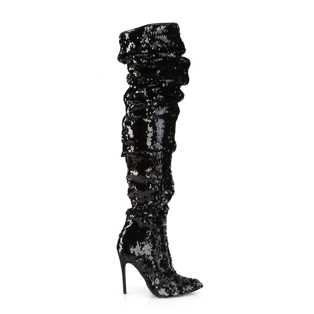 COURTLY-3011 5" Ruched Sequined Thigh High Boot, 1/3 Side Zip