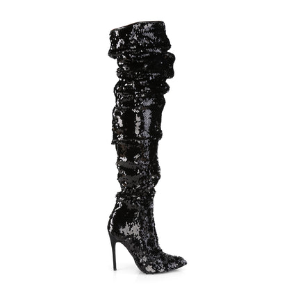 COURTLY-3011 5" Ruched Sequined Thigh High Boot, 1/3 Side Zip