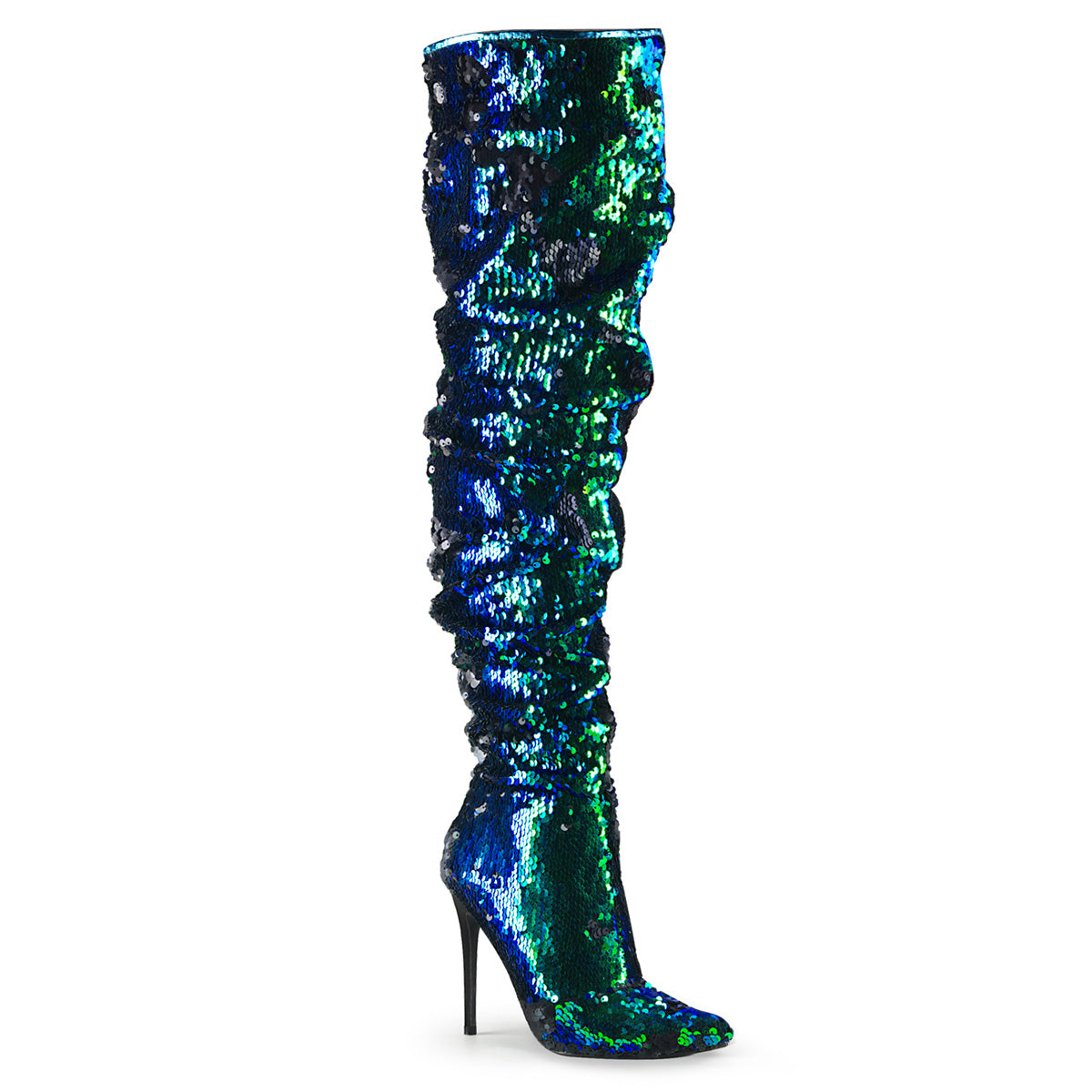 COURTLY-3011 5" Ruched Sequined Thigh High Boot, 1/3 Side Zip