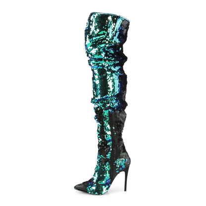 COURTLY-3011 5" Ruched Sequined Thigh High Boot, 1/3 Side Zip