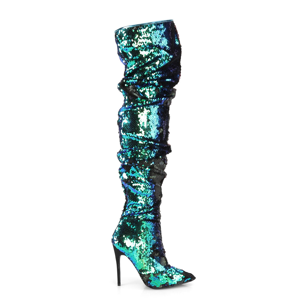 COURTLY-3011 5" Ruched Sequined Thigh High Boot, 1/3 Side Zip