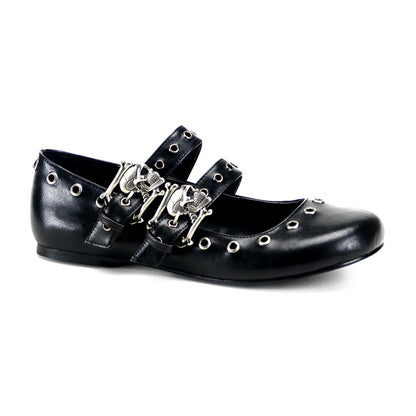 DAISY-03 Ballet Flat Double Strap MJ W/ Skull Buckle Eyelet Detailing