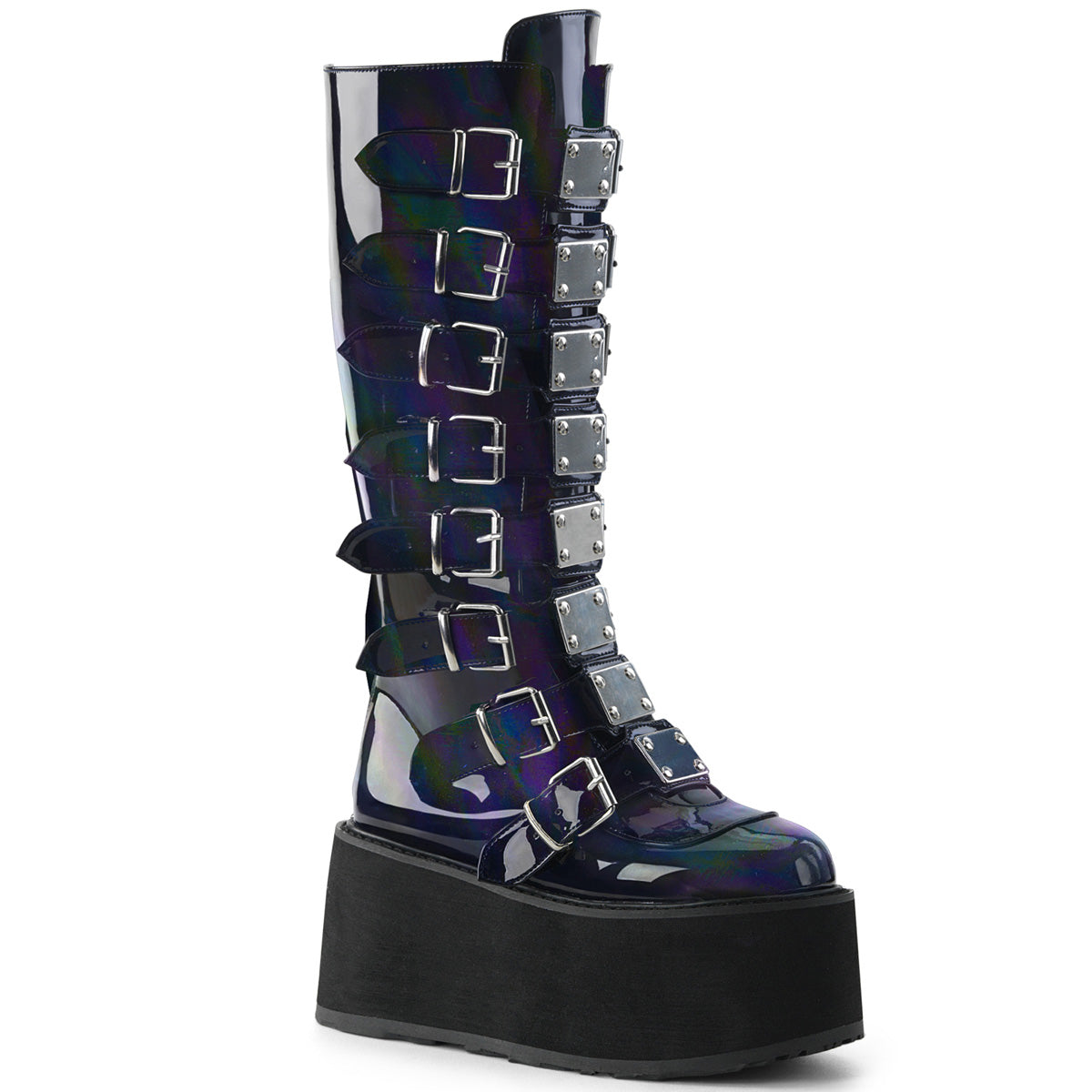 DAMNED-318 3 1/2" PF Knee High Boot w/8 Buckle Straps, Back Metal Zip