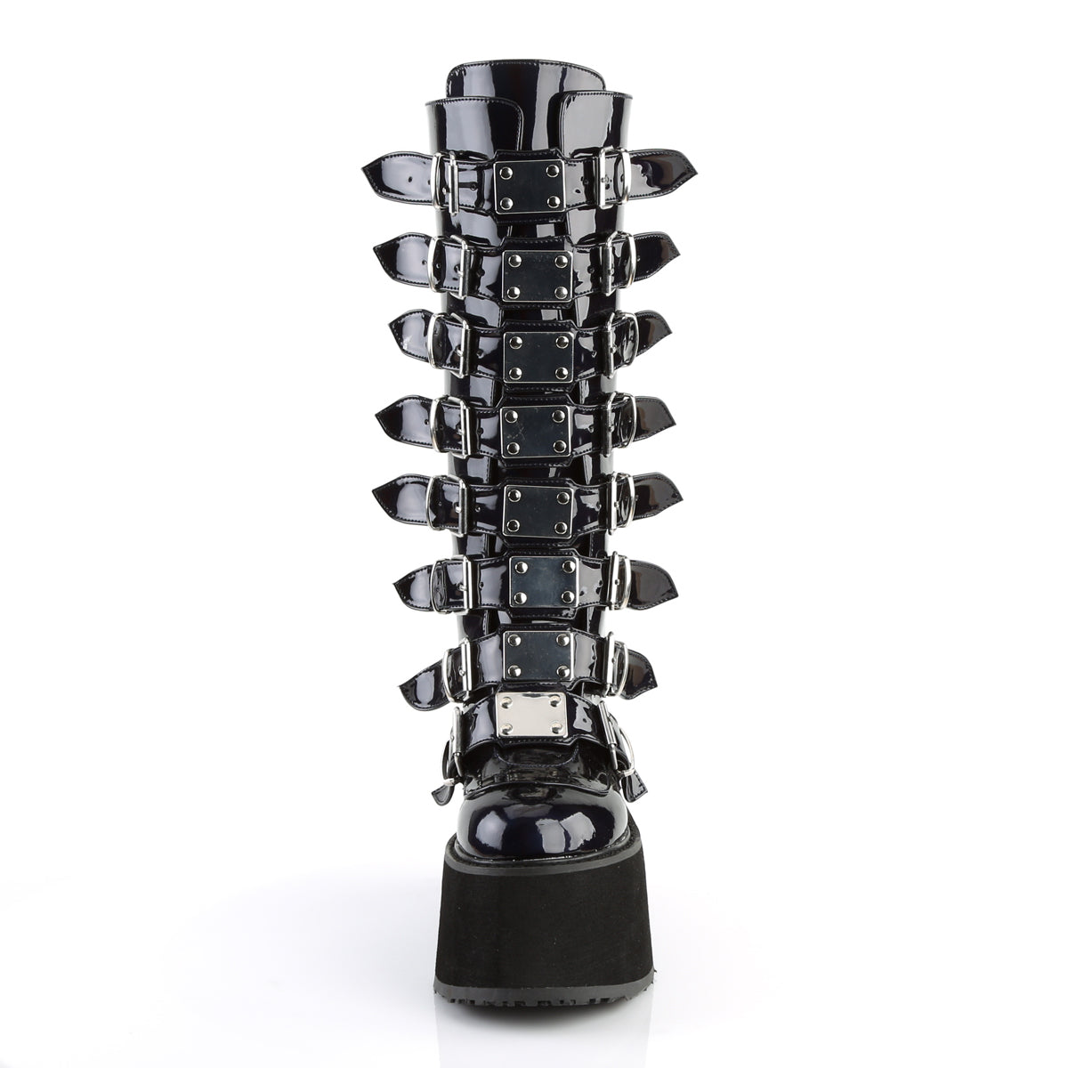 DAMNED-318 3 1/2" PF Knee High Boot w/8 Buckle Straps, Back Metal Zip