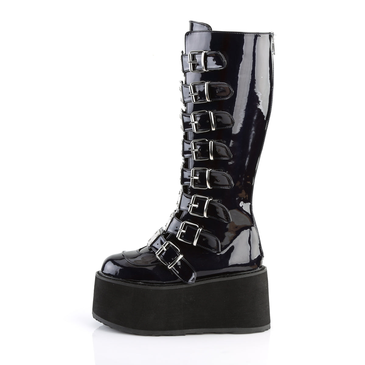 DAMNED-318 3 1/2" PF Knee High Boot w/8 Buckle Straps, Back Metal Zip