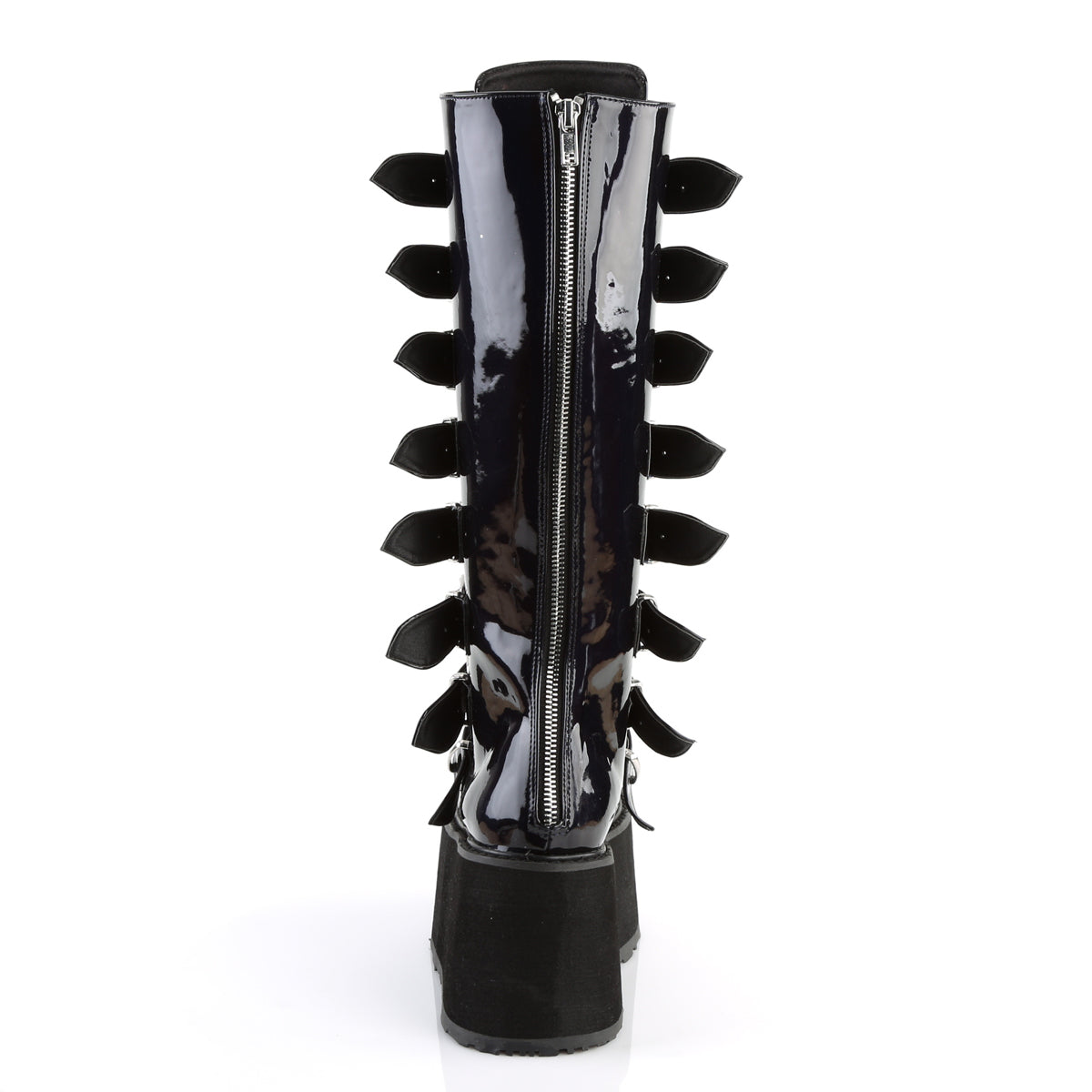 DAMNED-318 3 1/2" PF Knee High Boot w/8 Buckle Straps, Back Metal Zip