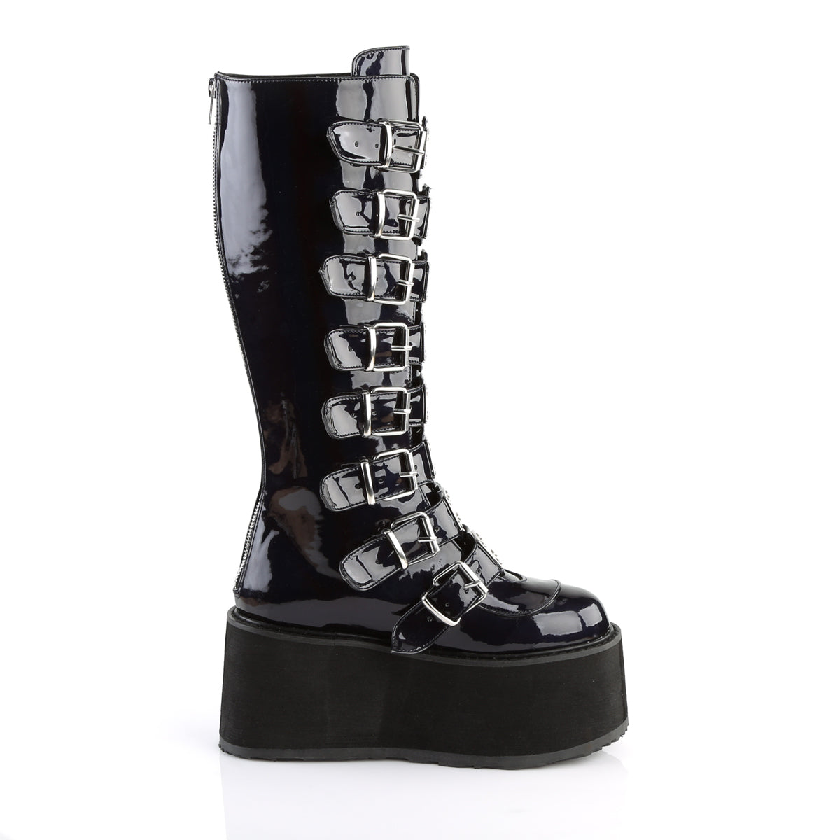 DAMNED-318 3 1/2" PF Knee High Boot w/8 Buckle Straps, Back Metal Zip