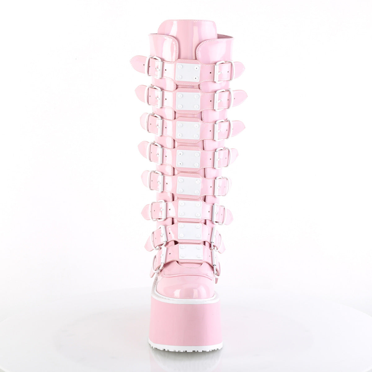 DAMNED-318 3 1/2" PF Knee High Boot w/8 Buckle Straps, Back Metal Zip
