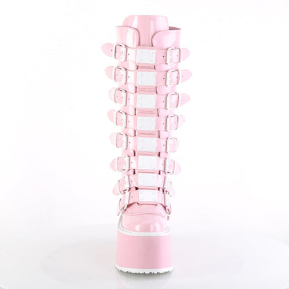 DAMNED-318 3 1/2" PF Knee High Boot w/8 Buckle Straps, Back Metal Zip