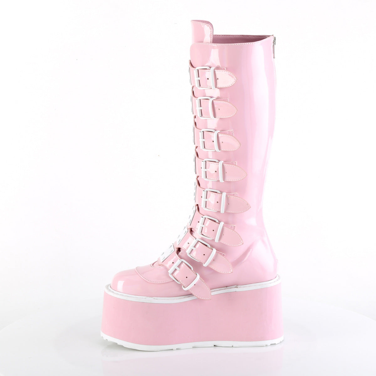 DAMNED-318 **3 1/2" PF KneeHigh Bootw/8 BuckleStraps, Back Metal Zip