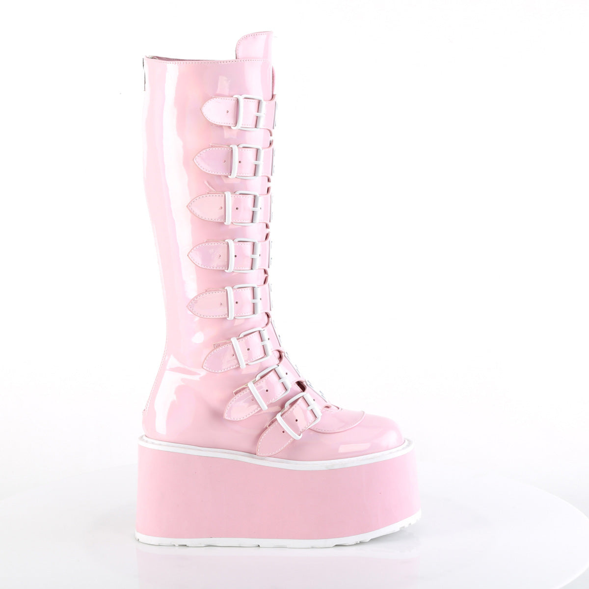 DAMNED-318 **3 1/2" PF KneeHigh Bootw/8 BuckleStraps, Back Metal Zip