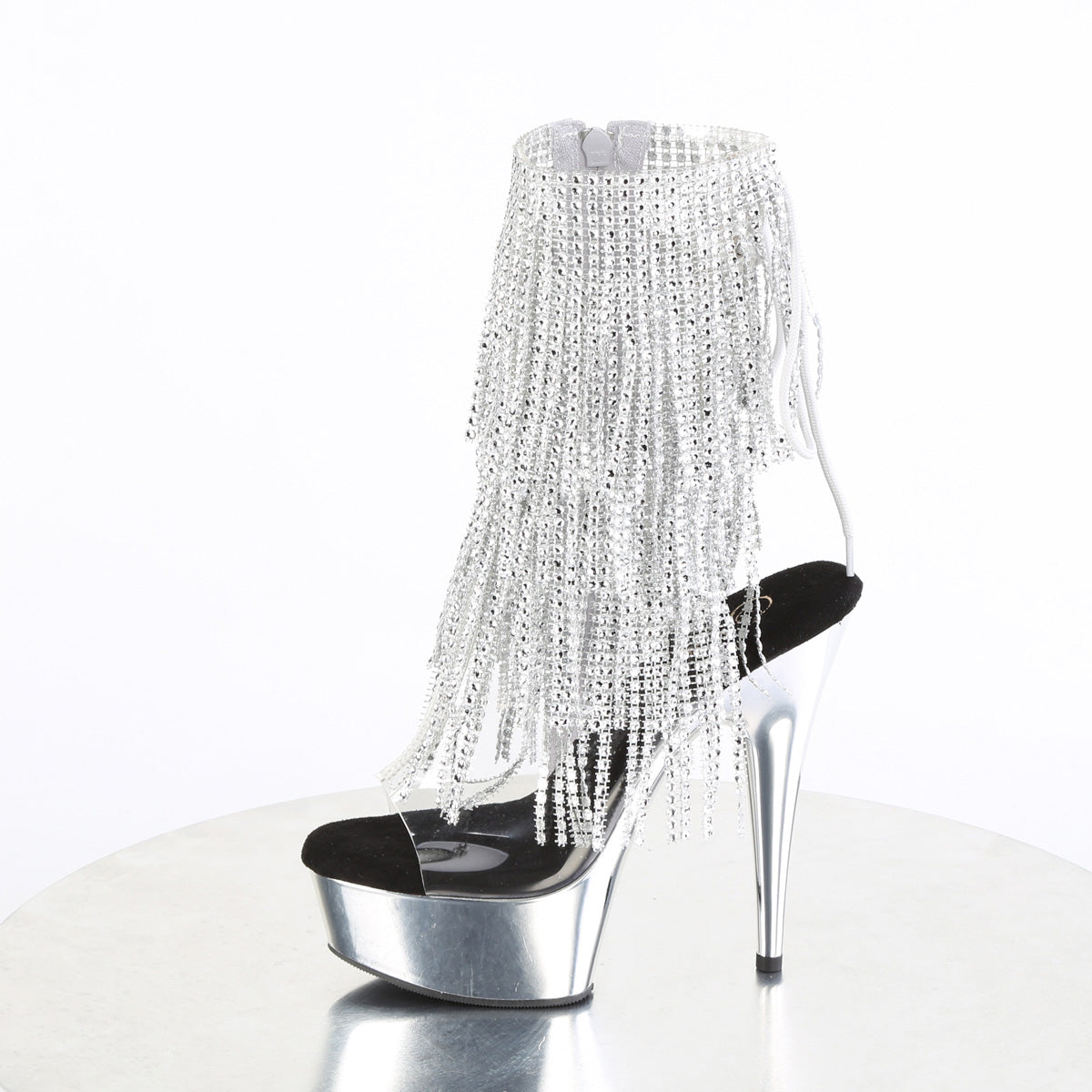 DELIGHT-1017RSF 6" Heel, 1 3/4" PF Open Toe/Heel Lace-Up Fringe Ankle Boot