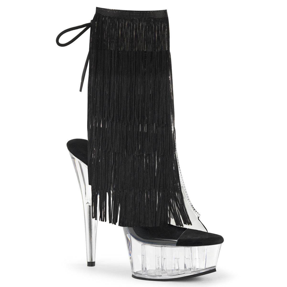 DELIGHT-1017TF *6" Heel, 1 3/4" PF Open Toe/Heel Threaded Fringe Ankle Boot