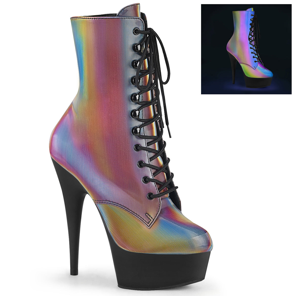 DELIGHT-1020REFL *6" Heel, 1 3/4" PF Lace-Up Front Ankle Boot, Side Zip
