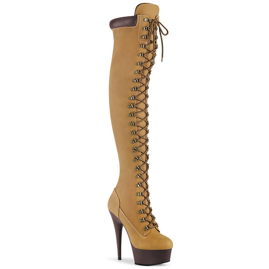 DELIGHT-3000TL *6" Heel, 1 3/4" PF Lace-Up Front Thigh High Boot, Side Zip
