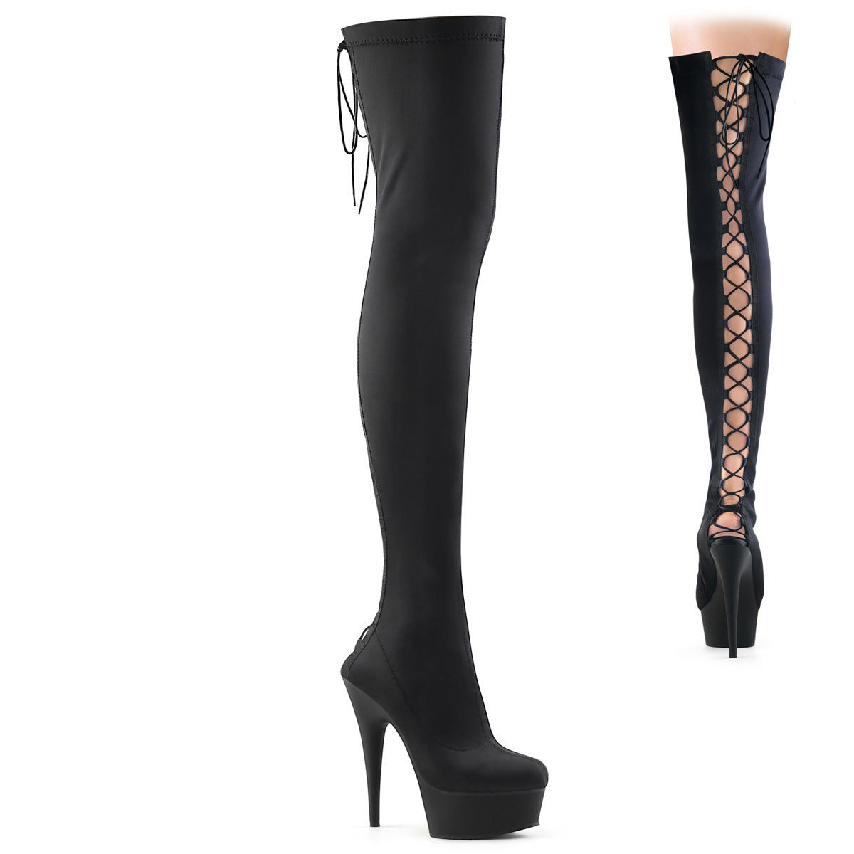 DELIGHT-3003 6" Heel, 1 3/4" PF Back Lace-Up Thigh Boot, Side Zip