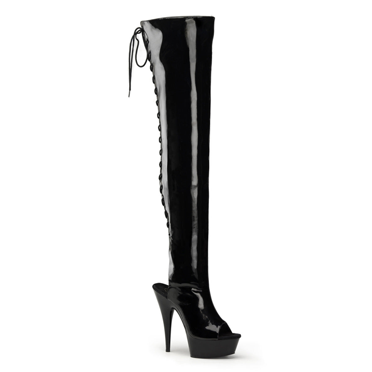 DELIGHT-3017 6" Heel,1 3/4" PF Open Heel/Toe Lace Up Back Thigh High Boot