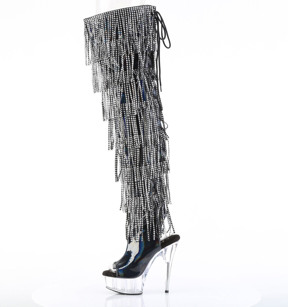 DELIGHT-3017HG-RSF 6" Heel, 1 3/4" PF 7-Layer Fringe Lace-Up Back Thigh Boot